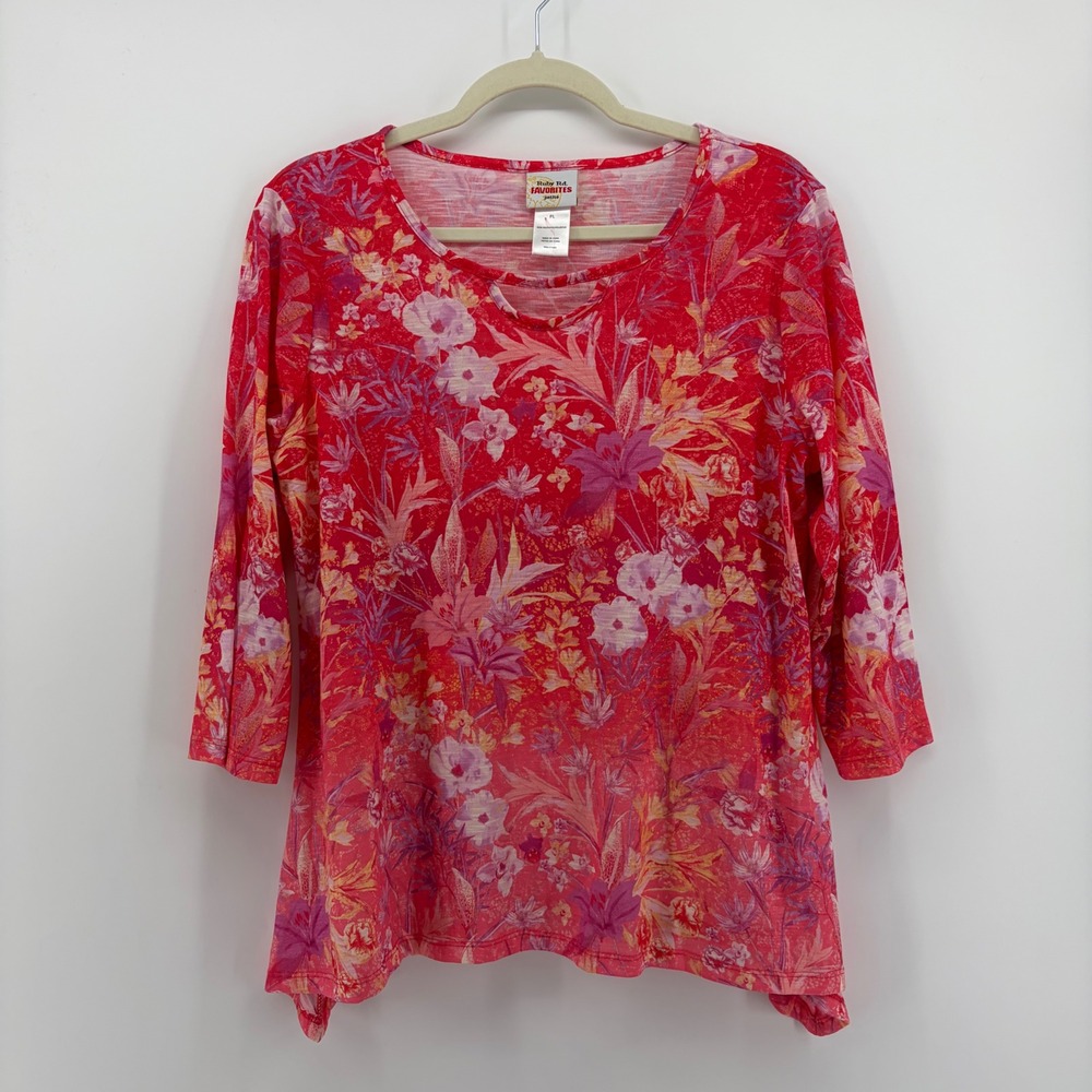 Ruby Rd Womens PL Red Floral Top 3/4 Sleeve Sharkbite Hem Tunic Blouse